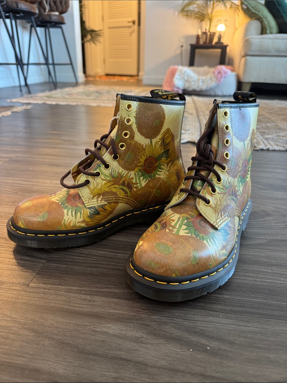 Dr. Martens Sunflower Print Leather Combat Boots - Yellow, Brown, Green